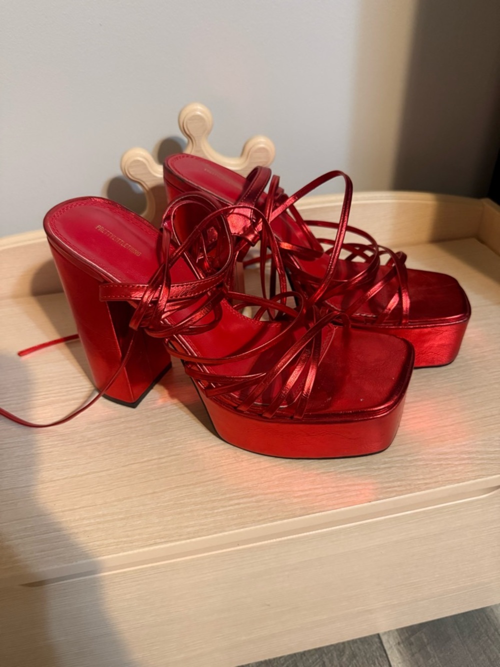 PrettyLittleThing Metallic Red Lace-Up Platform Heels